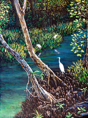 Egret in the forest of oil painting