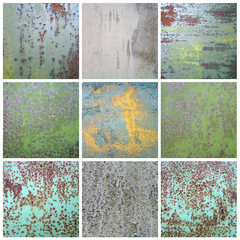 Collection chipped paint on rusty metal surface