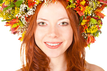 Fototapeta premium red haired woman closeup smiling face portrait