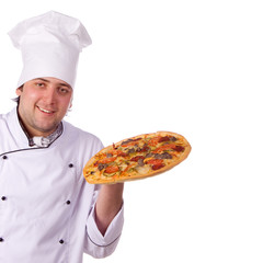 male chef holding a pizza box open