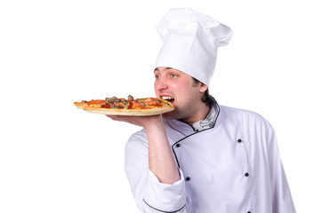 male chef holding a pizza box open