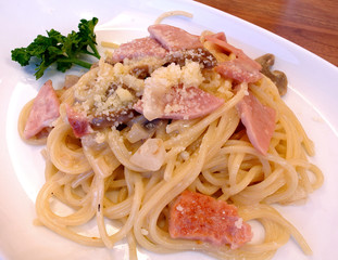 spaghetti with bacon and mushroom