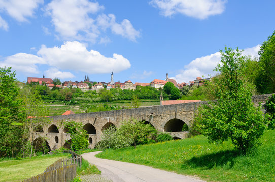 Double bridge and the Skyline of Rothenburg, Germany