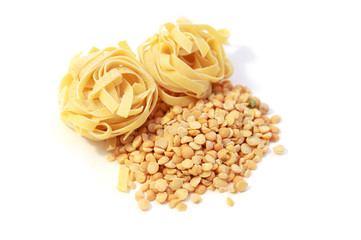 peas and noodles on white