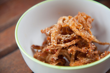 Thailand food : mushroom fry with sesame in white round bowl