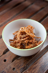 Thailand food : mushroom fry with sesame in white round bowl