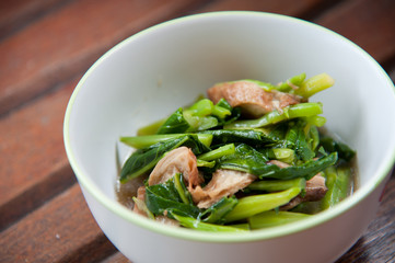 Stir-fried mix colorful vegetables in white round bowl