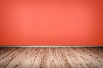 red wall and wooden oak floor interior design or background