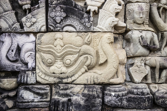 Ancient stone sculpture in Angkor Wat. Cambodia.