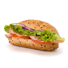 fast food baguette sandwich with lettuce, tomato, ham and chees