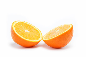 Two halves of one orange on a white background.