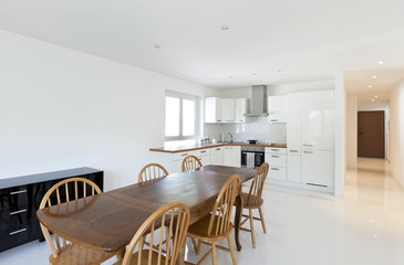 interior house, large modern kitchen, dining table