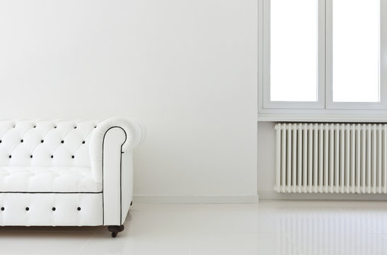 interior, leather sofa  in white room, detail