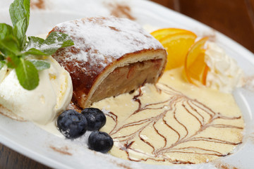 apple strudel with vanilla ice cream