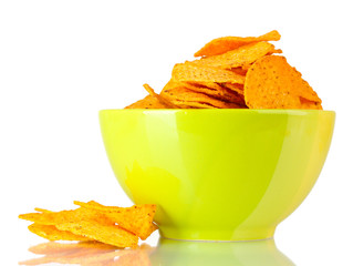 tasty potato chips in green  bowl isolated on white