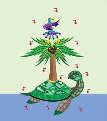 Turtle, palm tree and bird.