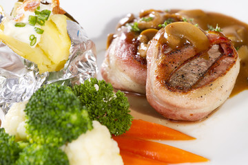 filet mignon steak, beef with bacon round steak