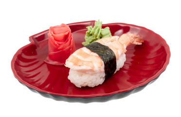 Shrimp sushi closeup isolated on white background