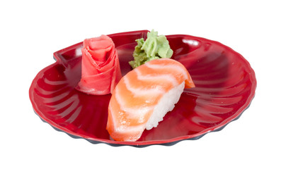 studio shoot of japanese sushi vaki with salmon on white backgro