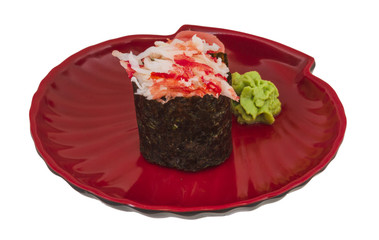 sushi kani with sauced slices of crab shrimp isolated on white b