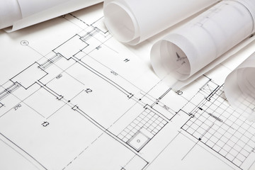 architectural project. architect rolls and plans