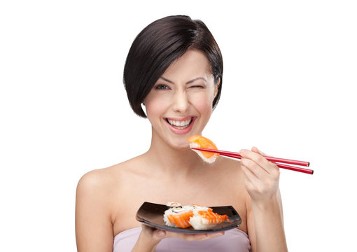 Beautiful Woman Eating Sushi