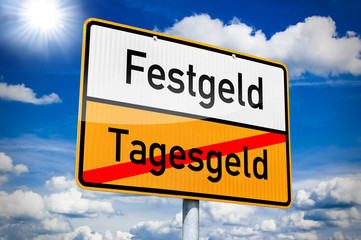 Ortseingangsschild mit Festgeld und Tagesgeld
