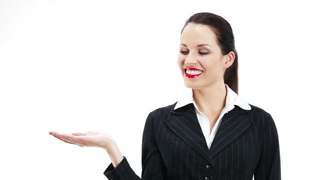 Beautiful business woman holding hand presenting a product.