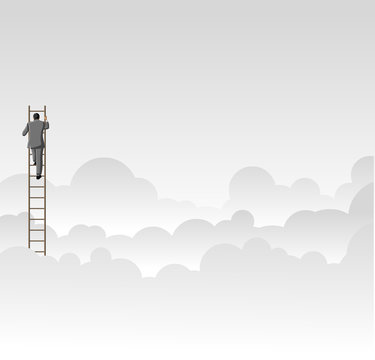 Business Man Climbing High Ladder Above The Clouds