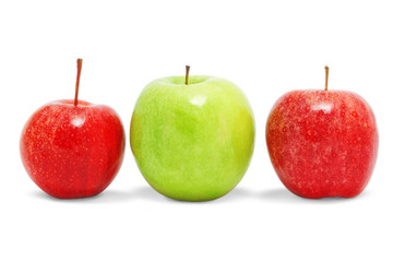 Two red and one green apple. On a white background.