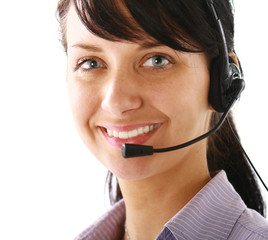 Smiling businesswoman using headset isolated