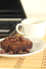chocolate cake and  labtop