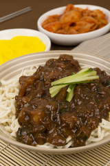 Jajangmyeon - Korean/Chinese black bean noodle, danmuji & kimchi