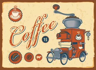 Photo sur Plexiglas Poster vintage Vintage car avec moulin à café sur le toit