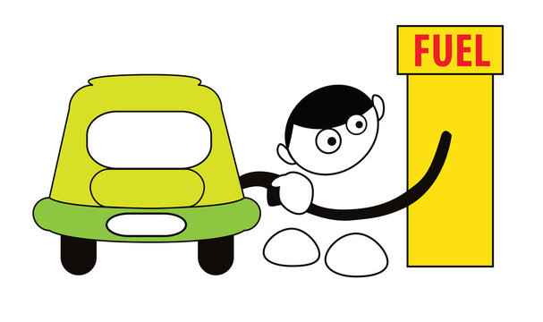 Funny cartoon boy feeling car with petrol isolated on white