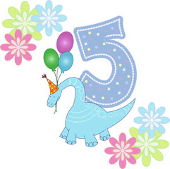 Number five with a dinosaur and flowers