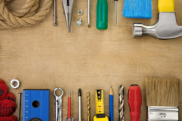 set of tools on wood background