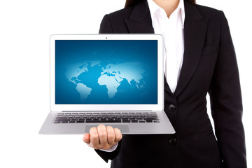 Businessperson holding an open laptop isolated on white backgrou