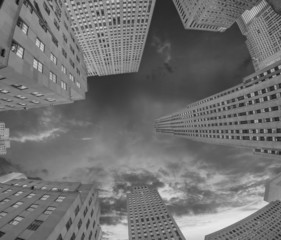 Black and White Skyline of Manhattan with office buildings skysc