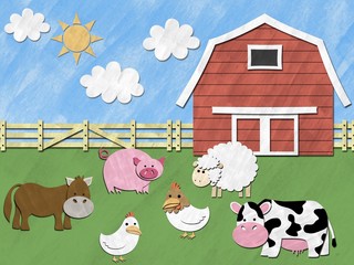 Les animaux de la ferme se tiennent devant la basse-cour par beau temps