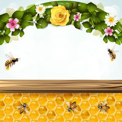 Floral background with bees and honeycombs