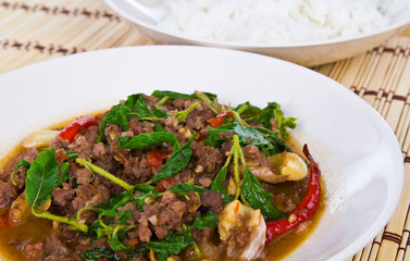 Thai spicy food, stir fried pork whit basil