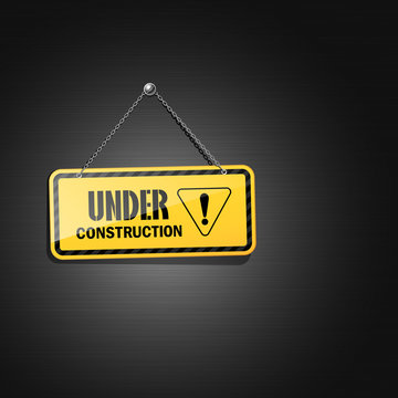 Under construction sign hanging with chain, vector