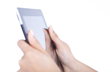 hands holding and point on modern electronic digital frame with