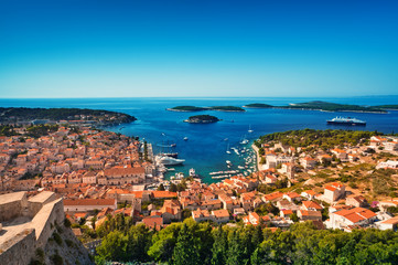 Harbor of old Adriatic island town Hvar. Croatia - obrazy, fototapety, plakaty