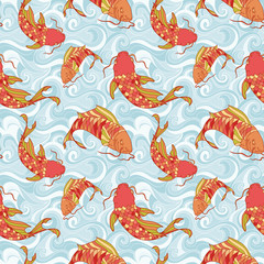 Colorful fish in the sea waves seamless pattern