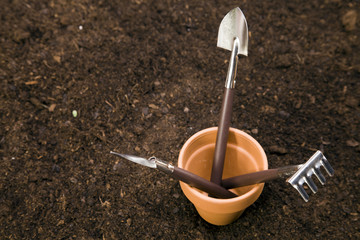 Flowers and garden tools, pots and can