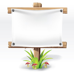 Wooden sign and paper on a grass with mushrooms. vector illustra