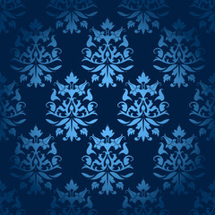 Seamless Flowers/Leafs Damask Pattern Dark Blue