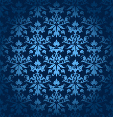 Dark Blue Seamless Flowers/Leafs Damask Pattern